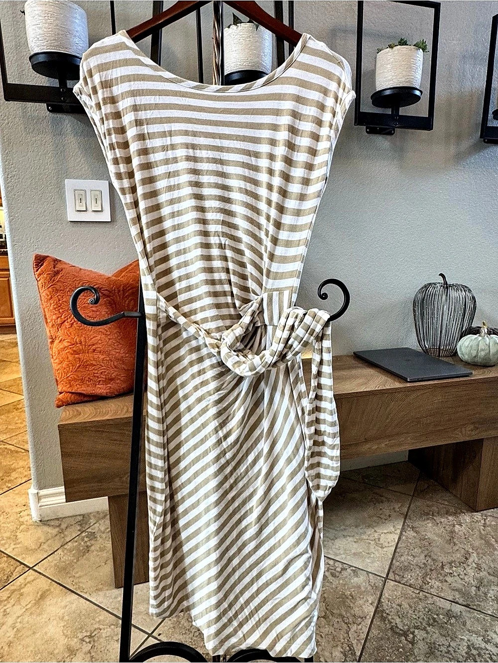 Boston Proper Striped Tie Waist Dress in Brown & White Size XS Like New